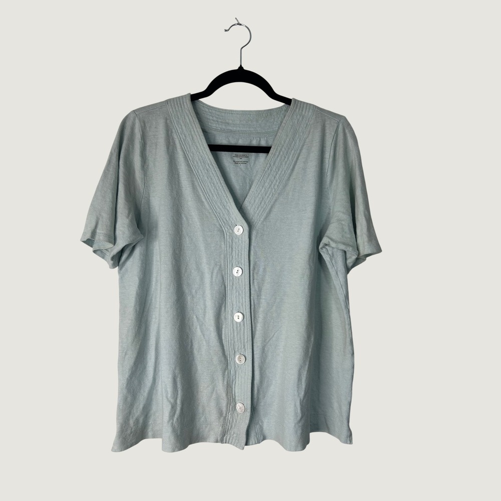 Pure Jill Button-Front Top Womens L Light Green Hemp Cotton Short Sleeve V-Neck